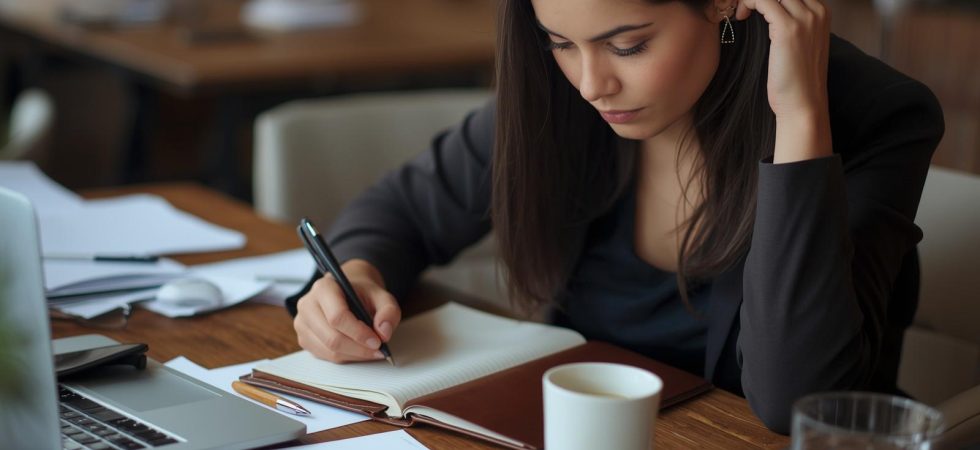 En fokuserad företagare som arbetar med sin affärsplan och checklista efter att ha blivit beviljad Starta eget-bidrag.