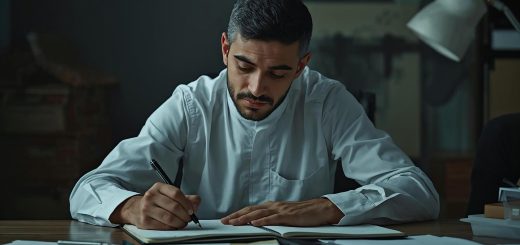 En man som fokuserat skriver på sin affärsplan för att söka starta eget-bidrag