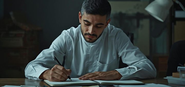En man som fokuserat skriver på sin affärsplan för att söka starta eget-bidrag