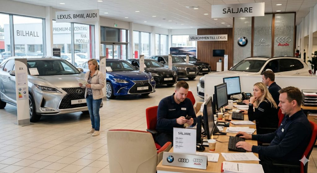 Nuvarande bild: Ointresserade säljare som nonchalerar en ensam kund i bilhallen.